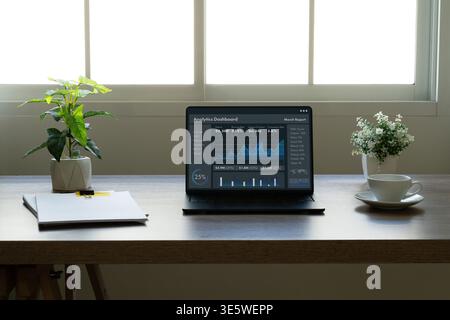 Business analyzing dashboard on laptop for strategy data analytics and performance report insight, supporting decision-making, growth, optimization, a Stock Photo