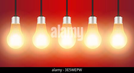 Light Bulbs with Glowing Lamps on Red Background. Decorative Light Bulbs for Christmas Background. Vector Illustration. Stock Vector