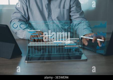 Project management timeline with business planning, workflow scheduling, data analytics, task tracking, dashboard interface, productivity tools, and t Stock Photo
