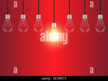 Light Bulbs with Glowing Lamps on Red Background. Decorative Light Bulbs for Christmas Background. Vector Illustration. Stock Vector