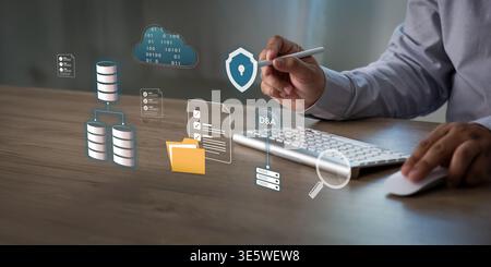 Database security and cloud data with encryption, DBA at cloud storage, monitoring, enterprise protection system in digital big data processing, Stock Photo