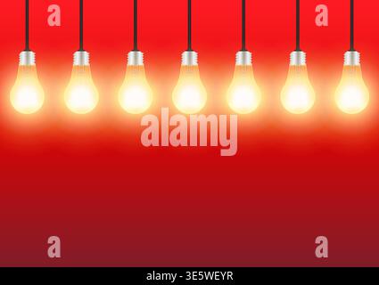 Light Bulbs with Glowing Lamps on Red Background. Decorative Light Bulbs for Christmas Background. Vector Illustration. Stock Vector