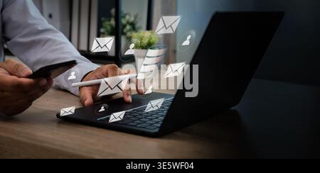 Email marketing and database communication network with digital business, customer contact, data management, CRM system, online messaging, and technol Stock Photo