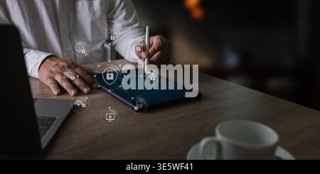 Network security for business data protection with secure access, cybersecurity, encryption, privacy, firewall, authentication, cloud, and enterprise Stock Photo