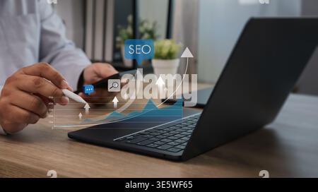 SEO and digital marketing performance with keyword optimization, search ranking, traffic growth, data analytics, website visibility, and online busine Stock Photo