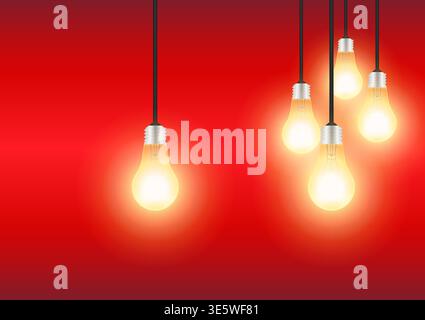 Light Bulbs with Glowing Lamps on Red Background. Decorative Light Bulbs for Christmas Background. Vector Illustration. Stock Vector