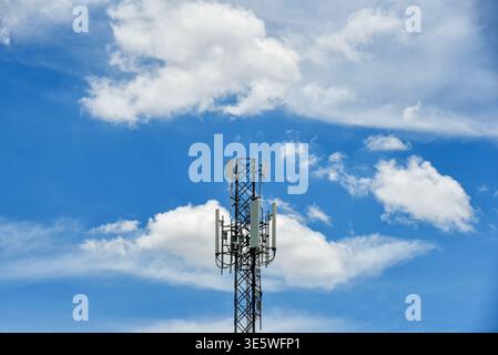 Telecommunication towers with motions clouds on blue sky background. Tower signal in blue sky white clouds moving background Stock Photo