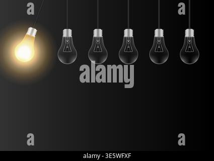 Light Bulbs with Glowing Lamps on Dark Background. Vector Illustration. Stock Vector