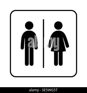Black and white icon depicts restroom doors. Left door shows male figure. Right door shows female figure. Simplicity suggests public facility. Symboli Stock Vector