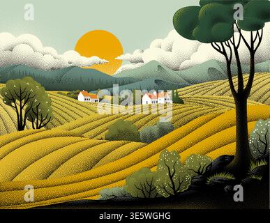 Fields Rolling Hills Farm Landscape Background Stock Vector