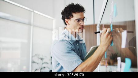 Creative, writing and business man with sticky notes for planning, story mind map and ideas. Publishing, glass and person on tablet for research Stock Photo