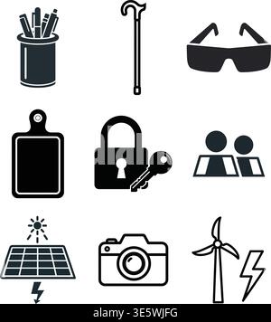 Icon collection featuring tools, social interaction, and renewable energy. Stock Vector