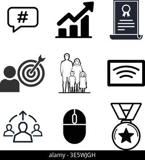 Icon set representing social media, growth, education, and communication. Stock Vector