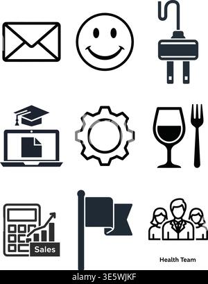 Icon set representing achievement, security, energy, and business. Stock Vector