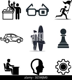 Icon set representing voting, eyewear, movement, and various activities. Stock Vector