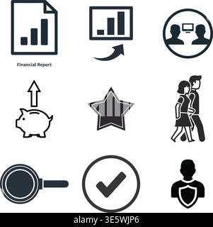 Icon set representing financial reports, business, people, and approval. Stock Vector