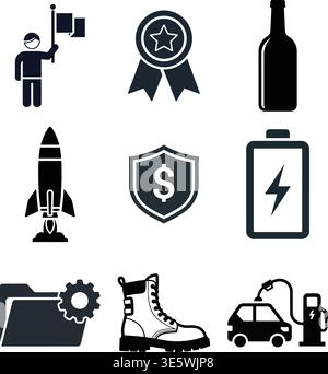 Icon set representing communication, work, health, and energy Stock Vector