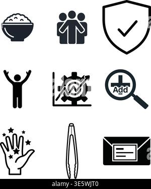 Icon set representing food, people, approval, growth, and tools. Stock Vector