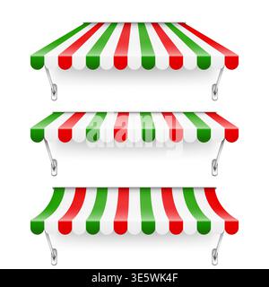 Shop sunshade with metal holder. Realistic striped cafe awning. Outdoor market tent. Roof canopy in Italian flag colors. Summer street store. Vector Stock Vector