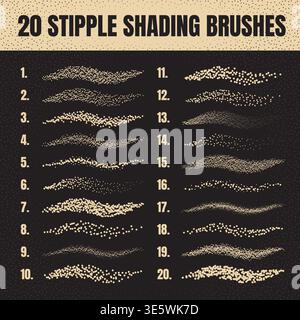 Ink scatter brush, stipple drawing and texturing. Fading gradient. Stippling, dotwork drawing, shading using dots. Halftone disintegration effect Stock Vector