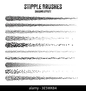 Ink scatter brush, stipple drawing and texturing. Fading gradient. Stippling, dotwork drawing, shading using dots. Halftone disintegration effect Stock Vector