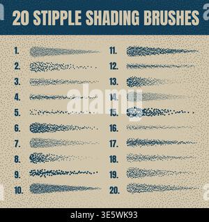 Ink scatter brush, stipple drawing and texturing. Fading gradient. Stippling, dotwork drawing, shading using dots. Halftone disintegration effect Stock Vector