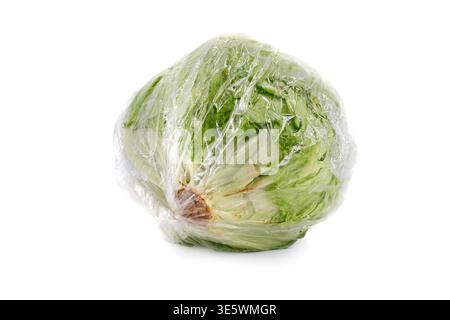 Fresh Whole Iceberg Lettuce Head wrapped in foil, isolated on white background Stock Photo