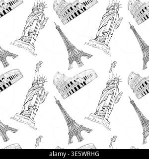 Seamless Travel Pattern Colosseum Eiffel Tower Statue of Liberty Black and White Vector, Landmark Line Art Background Stock Vector
