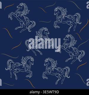 Elegant fine line horse pattern in silver on blue background inspired by Cheltenham equestrian tradition Stock Vector