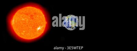 Sun and Earth globe isolated on black background, header of banner design.  Stock Photo