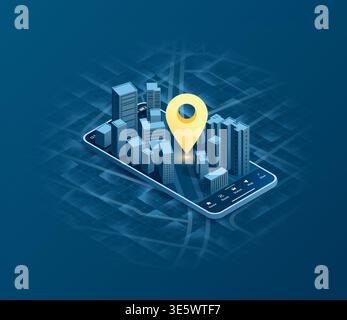 Mobile GPS navigation, smart car location and map pointer. Isometric city map featuring directional signs, an intended goal point on mobile. Vector Stock Vector