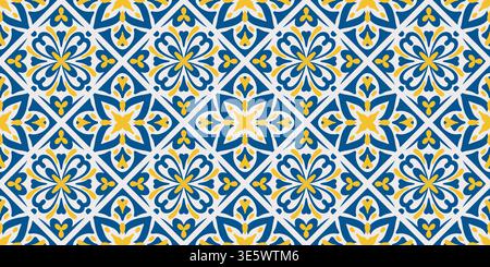 Blue and yellow ceramic tiles in traditional Mediterranean style. Seamless floral pattern with Portuguese mosaic ornament for elegant interior design Stock Vector