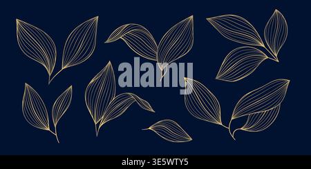 Luxury gold leaves isolated, elegant line art foliage on a dark background. Vector illustration, Japanese ornament, tropical and autumn botanical Stock Vector