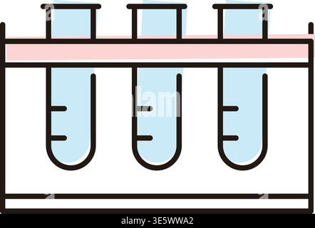 Three test tubes are filled with blue liquid and placed in a rack on a lab bench. The scene shows a simple laboratory setting during a science experim Stock Vector