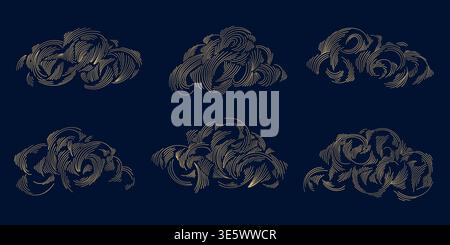 Elegant Asian gold clouds, line ornaments, Chinese, Japanese, and Korean traditions. Luxury vector flowing shapes, wind and wave elements, vintage Stock Vector