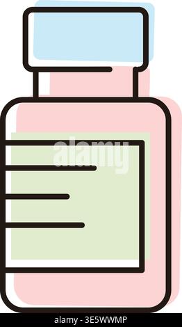 Bottles sit on a table in a bright room. The space has light coming from a window. Different items are placed nearby, creating a colorful scene during Stock Vector