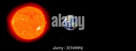 Sun and Earth globe isolated on black background, header of banner design.  Stock Photo
