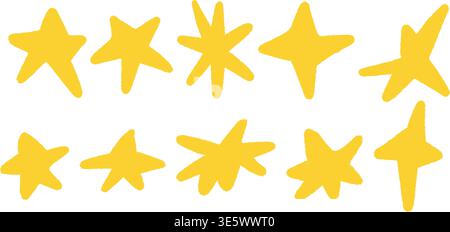 Set of yellow stars, childrens crayon drawing Stock Vector
