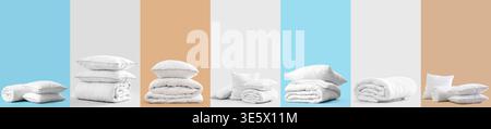 Set of soft blankets and pillows on color background Stock Photo