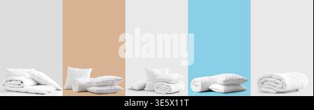 Set of soft blankets and pillows on color background Stock Photo