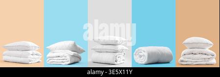 Set of soft blankets and pillows on color background Stock Photo