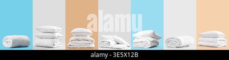 Set of soft blankets and pillows on color background Stock Photo
