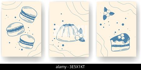 Set cards with sweet pastries and desserts in uniform style Stock Vector