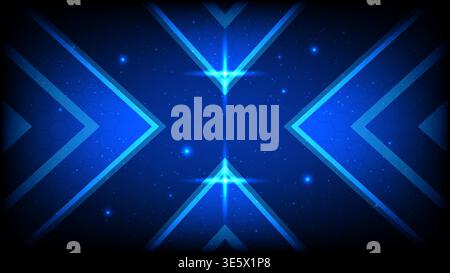 Futuristic dark blue digital background featuring neon glowing arrow shapes, stars and hexagonal mesh texture Stock Vector