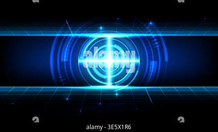 Digital hi-tech background featuring glowing blue circles, neon lights and perspective grid for cyber design Stock Vector