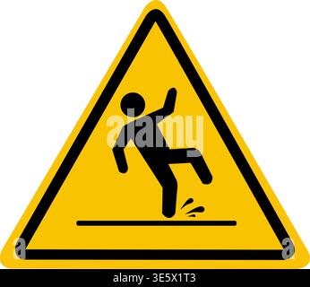 Slippery wet floor. The falling man is highlighted on the yellow triangle. Caution and warning Stock Vector