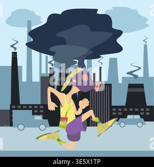 Young man in the gas mask runs and listens music on player using headphones. Bad ecology. Factory smoke. Dust Air Pollution Stock Vector