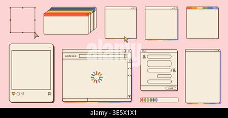 Retro computer popup window set with rainbow pride accents. Nostalgic y2k internet browser frames, chat interface, loading bars, and social media Stock Vector