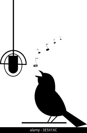 Singing bird and microphone. Bird singing into a microphone with music notes. Black silhouette on white background Stock Vector