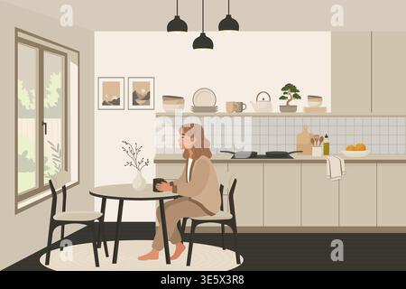 Woman sitting in kitchen drinking coffee in modern japandi apartment vector illustration. Stock Vector